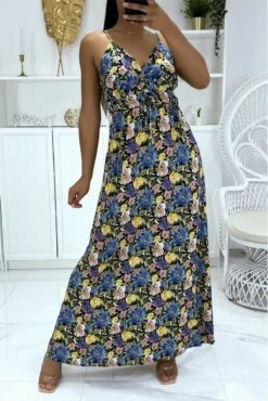 Longue Robe Noire à Motif Floral Et Bretelle