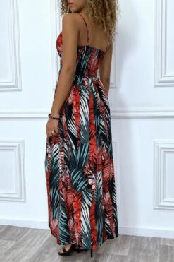 Longue Robe Noire Croisé Au Buste Avec Bretelles Amovible Motif Feuille Rouge Et Verte -Féminité Couture longue robe noire croise au buste avec bretelles amovible motif feuille rouge et verte 10