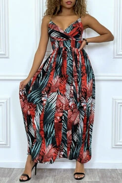 Longue Robe Noire Croisé Au Buste Avec Bretelles Amovible Motif Feuille Rouge Et Verte -Féminité Couture longue robe noire croise au buste avec bretelles amovible motif feuille rouge et verte 3
