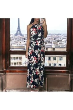 Longue Robe Noire Motif Fleuris Avec Ceinture -Féminité Couture longue robe noire motif fleuris avec ceinture 2