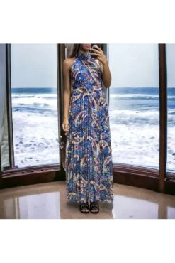 Longue Robe Plissé Bleu Avec Ceinture Sublime Motif Imprimé