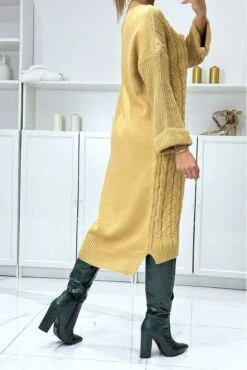 Longue Robe Pull Camel Tréssé Over Size Manche Revers -Féminité Couture longue robe pull camel tresse over size manche revers 2