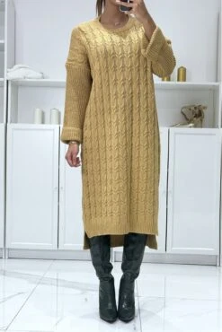 Longue Robe Pull Camel Tréssé Over Size Manche Revers -Féminité Couture longue robe pull camel tresse over size manche revers 3