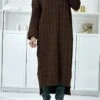 Longue Robe Pull Marron Tréssé Over Size Manche Revers -Féminité Couture longue robe pull marron tresse over size manche revers