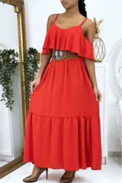 Longue Robe Rouge évasé à Volant Avec Bretelles