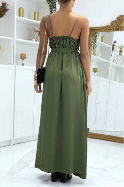 Longue Robe Satinée Kaki Croisé à Bretelle -Féminité Couture longue robe satinee kaki croise a bretelle 2