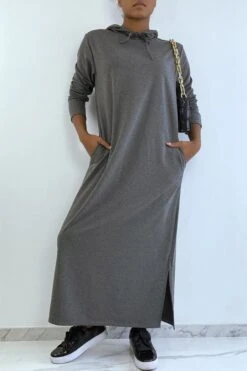 Longue Robe Sweat Abaya Anthracite à Capuche -Féminité Couture longue robe sweat abaya anthracite a capuche 2