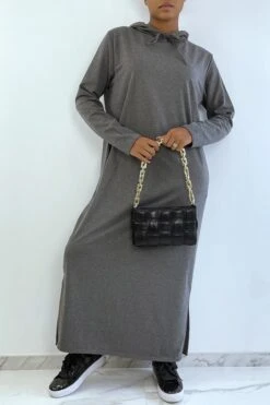 Longue Robe Sweat Abaya Anthracite à Capuche