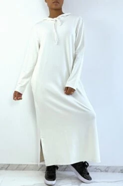 Longue Robe Sweat Abaya Blanche à Capuche