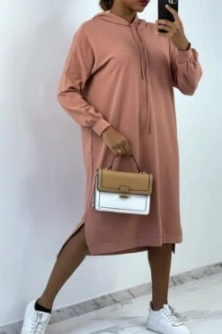 Devant 37 Longue Robe Sweat Over Size En Rose Avec Capuche