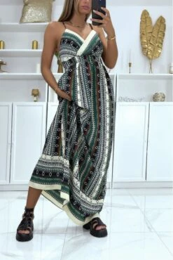 Longue Robe Très Chic Motif Vert Noir Et Beige -Féminité Couture longue robe tres chic motif vert noir et beige 2