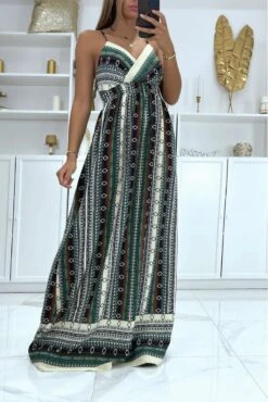 Longue Robe Très Chic Motif Vert Noir Et Beige
