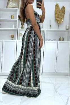 Longue Robe Très Chic Motif Vert Noir Et Beige -Féminité Couture longue robe tres chic motif vert noir et beige 3