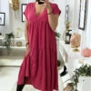 Longue Robe Tunique Col V à Volant En Fuchsia -Féminité Couture longue robe tunique col v a volant en fuchsia