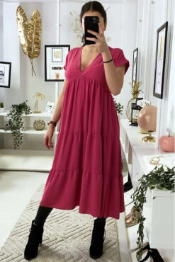Longue Robe Tunique Col V à Volant En Fuchsia -Féminité Couture longue robe tunique col v a volant en fuchsia 2