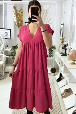 Longue Robe Tunique Col V à Volant En Fuchsia -Féminité Couture longue robe tunique col v a volant en fuchsia 3