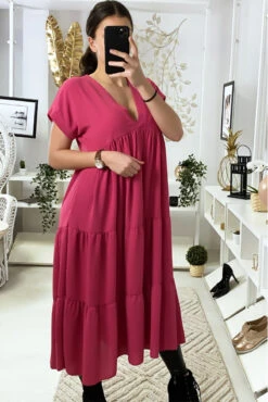 Longue Robe Tunique Col V à Volant En Fuchsia -Féminité Couture longue robe tunique col v a volant en fuchsia 4