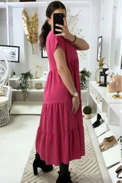 Longue Robe Tunique Col V à Volant En Fuchsia -Féminité Couture longue robe tunique col v a volant en fuchsia 5