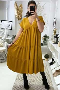 Longue Robe Tunique Col V à Volant En Moutarde