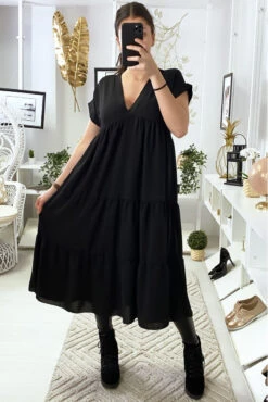 Longue Robe Tunique Col V à Volant En Noir