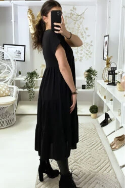 Longue Robe Tunique Col V à Volant En Noir -Féminité Couture longue robe tunique col v a volant en noir 4