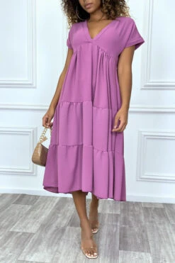 LoLLue Robe Tunique Col V à Volant En Violet -Féminité Couture longue robe tunique col v a volant en violet 2