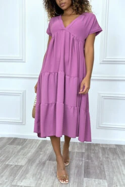 LoLLue Robe Tunique Col V à Volant En Violet -Féminité Couture longue robe tunique col v a volant en violet 3