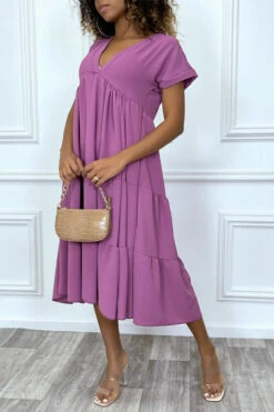 LoLLue Robe Tunique Col V à Volant En Violet -Féminité Couture longue robe tunique col v a volant en violet 4