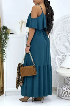 Longue Robe Vert Canard évasé à Volant Avec Bretelles -Féminité Couture longue robe vert canard evase a volant avec bretelles 2