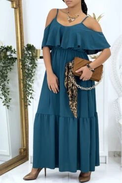 Longue Robe Vert Canard évasé à Volant Avec Bretelles