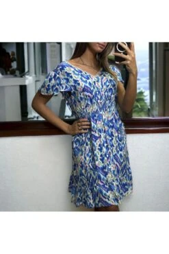 Robe à Motif Bleu Froncé à La Taille -Féminité Couture robe a motif bleu fronce a la taille 3