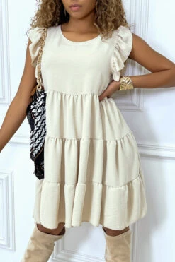 Robe Beige Froncée à Volant Et Coupe évasée -Féminité Couture robe beige froncee a volant et coupe evasee 3