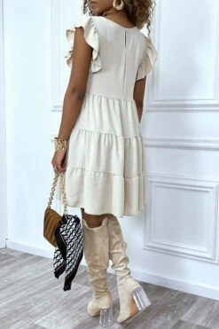 Robe Beige Froncée à Volant Et Coupe évasée -Féminité Couture robe beige froncee a volant et coupe evasee 5