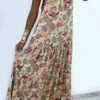 Robe Beige Longue Et Fluide à Imprimés Colorés Et Fines Bretelles -Féminité Couture robe beige longue et fluide a imprimes colores et fines bretelles