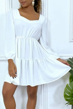 Robe Blanche évasée à Col Coeur Froncé Sur Plusieurs Endroit -Féminité Couture robe blanche evasee a col coeur fronce sur plusieurs endroit 2