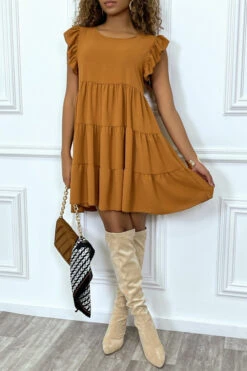 Robe Camel Froncée à Volant Et Coupe évasée -Féminité Couture robe camel froncee a volant et coupe evasee 2