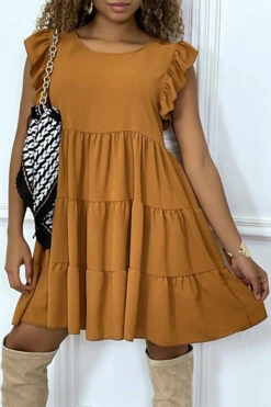 Robe Camel Froncée à Volant Et Coupe évasée