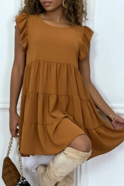 Robe Camel Froncée à Volant Et Coupe évasée -Féminité Couture robe camel froncee a volant et coupe evasee 3