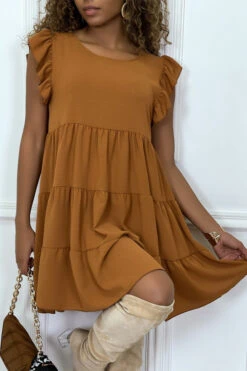 Robe Camel Froncée à Volant Et Coupe évasée -Féminité Couture robe camel froncee a volant et coupe evasee 4