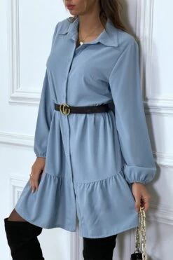Robe Chemise Bleu à Volant Et Boutons -Féminité Couture robe chemise bleu a volant et boutons 3