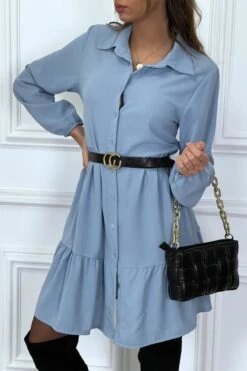 Robe Chemise Bleu à Volant Et Boutons -Féminité Couture robe chemise bleu a volant et boutons 4