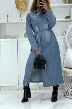 Robe Chemise En Jean Bleu Clair Avec Ceinture -Féminité Couture robe chemise en jean bleu clair avec ceinture 12
