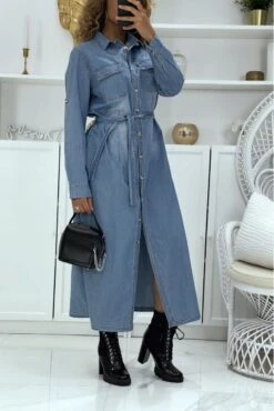 Robe Chemise En Jean Bleu Clair Avec Ceinture -Féminité Couture robe chemise en jean bleu clair avec ceinture 13