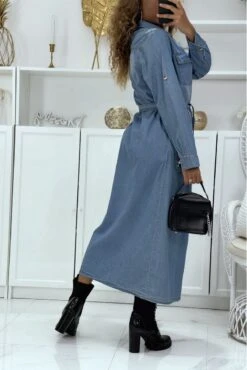 Robe Chemise En Jean Bleu Clair Avec Ceinture -Féminité Couture robe chemise en jean bleu clair avec ceinture 15