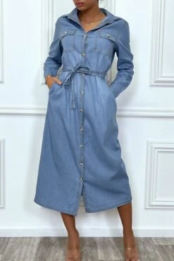 Robe Chemise En Jean Bleu Clair Avec Ceinture -Féminité Couture robe chemise en jean bleu clair avec ceinture 6