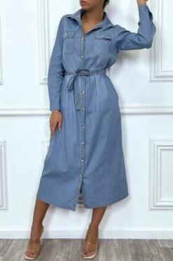 Robe Chemise En Jean Bleu Clair Avec Ceinture -Féminité Couture robe chemise en jean bleu clair avec ceinture 8