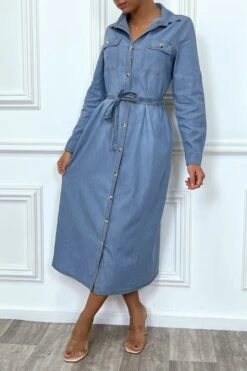 Robe Chemise En Jean Bleu Clair Avec Ceinture -Féminité Couture robe chemise en jean bleu clair avec ceinture 9
