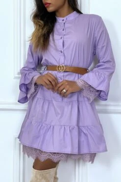 Robe Chemise Lila Avec Ceinture Volant Et Dentelle -Féminité Couture robe chemise lila avec ceinture volant et dentelle 2