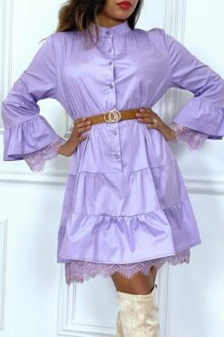 Robe Chemise Lila Avec Ceinture Volant Et Dentelle -Féminité Couture robe chemise lila avec ceinture volant et dentelle 4