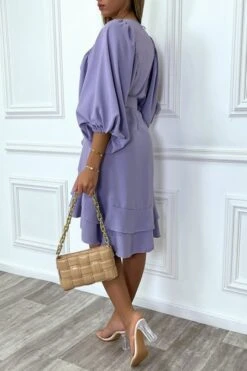 Robe Chemise Lila Avec Manches Bouffante Volants Et Ceinture -Féminité Couture robe chemise lila avec manches bouffante volants et ceinture 4